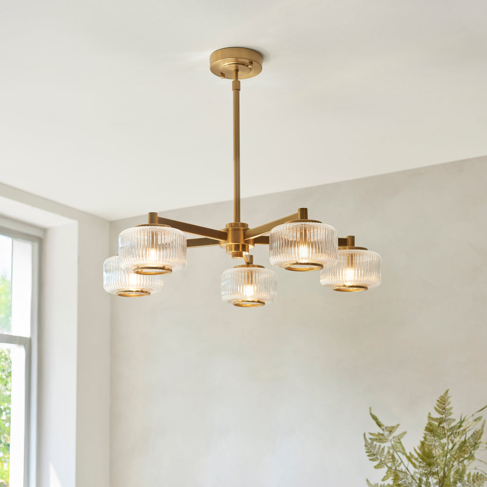 Envisage Lighting Moxie 5 light Cei;ing Light  Brushed Brass - Mid Century - Decolight Ltd 