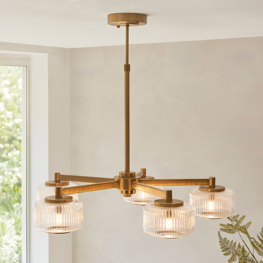 Envisage Lighting Moxie 5 light Cei;ing Light  Brushed Brass - Mid Century - Decolight Ltd 