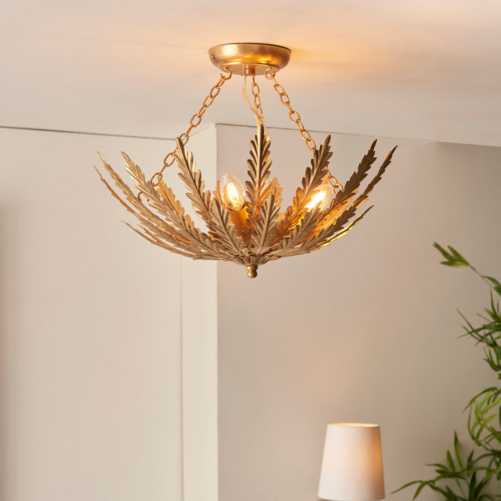 Decolight Hampton Gold Olive Leaf Semi Flush Ceiling Light - Decolight Ltd 