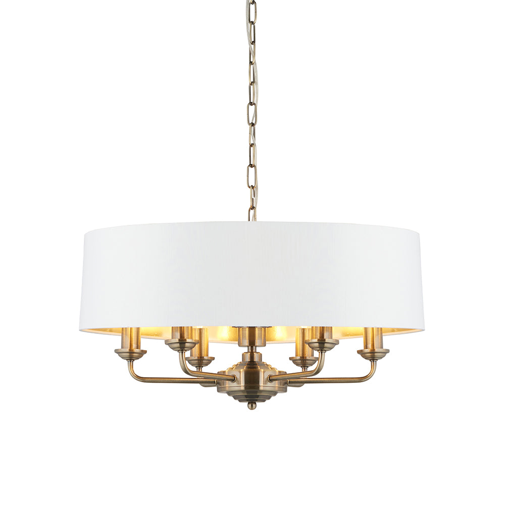 Decolight Chartley Aged Brass Medium Wide Drum & 6 arm Ceiling Pendants Light - Decolight Ltd 