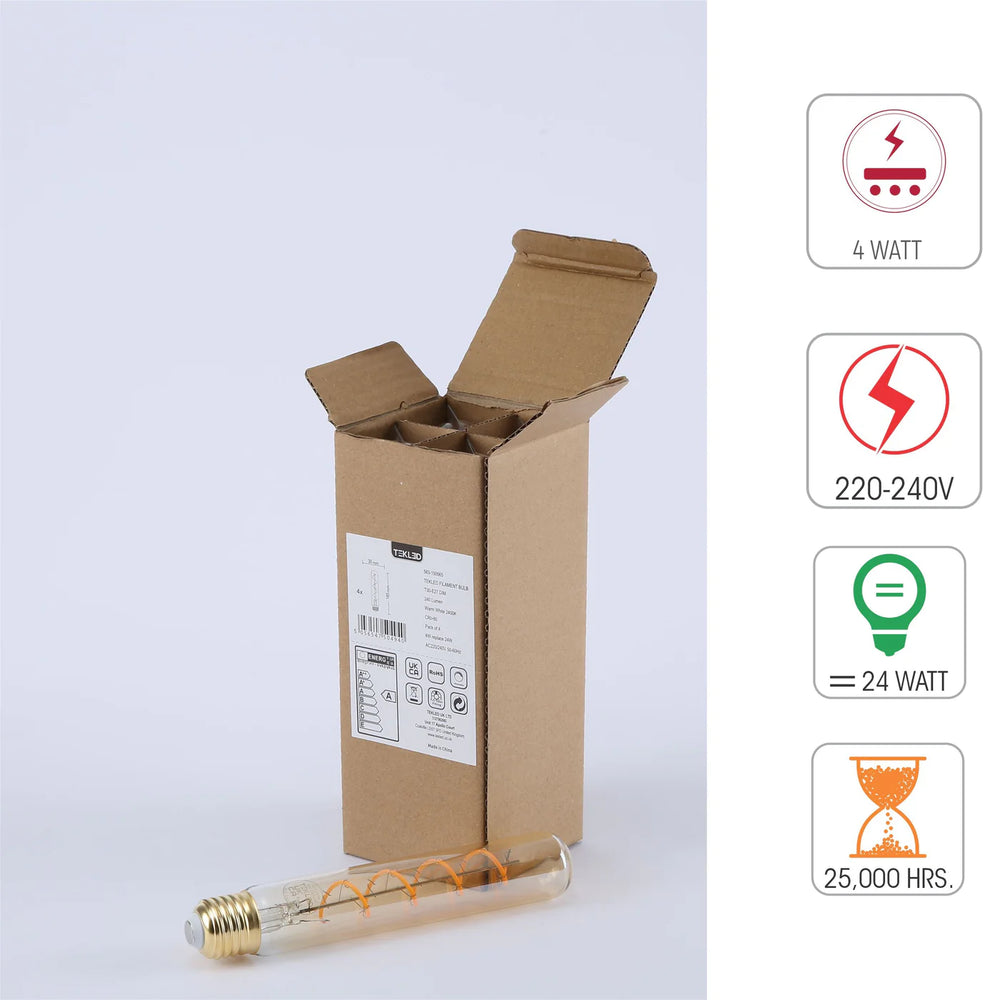 LED Dimmable Filament Tubular Bulb E27 4W 185mm Pack of 4 Warm White - Decolight Ltd 
