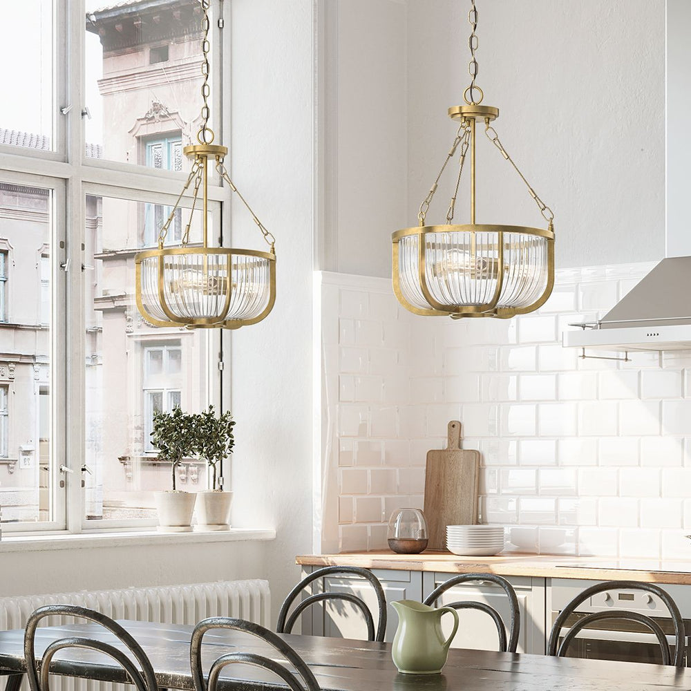 Quintiesse Roux 3 Light Pendant/ Semi-Flush Natural Brass - Decolight Ltd 